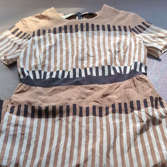 Marni Striped Brown and Black Shift Short Sleeves 💯 Silk Dress 42 - Picture 4 of 14